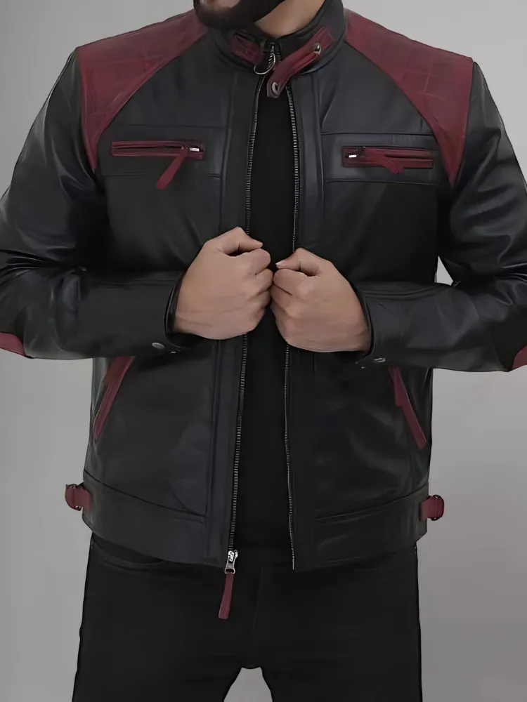 Mens Black and Maroon Quilted Cafe Racer Leather Jacket