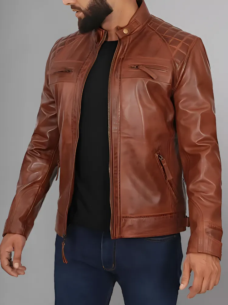 Mens Black and Maroon Quilted Cafe Racer Leather Jacket