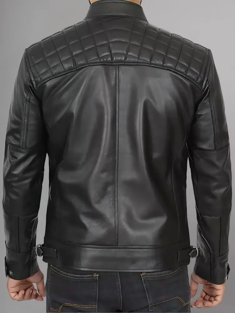 Mens Black and Maroon Quilted Cafe Racer Leather Jacket