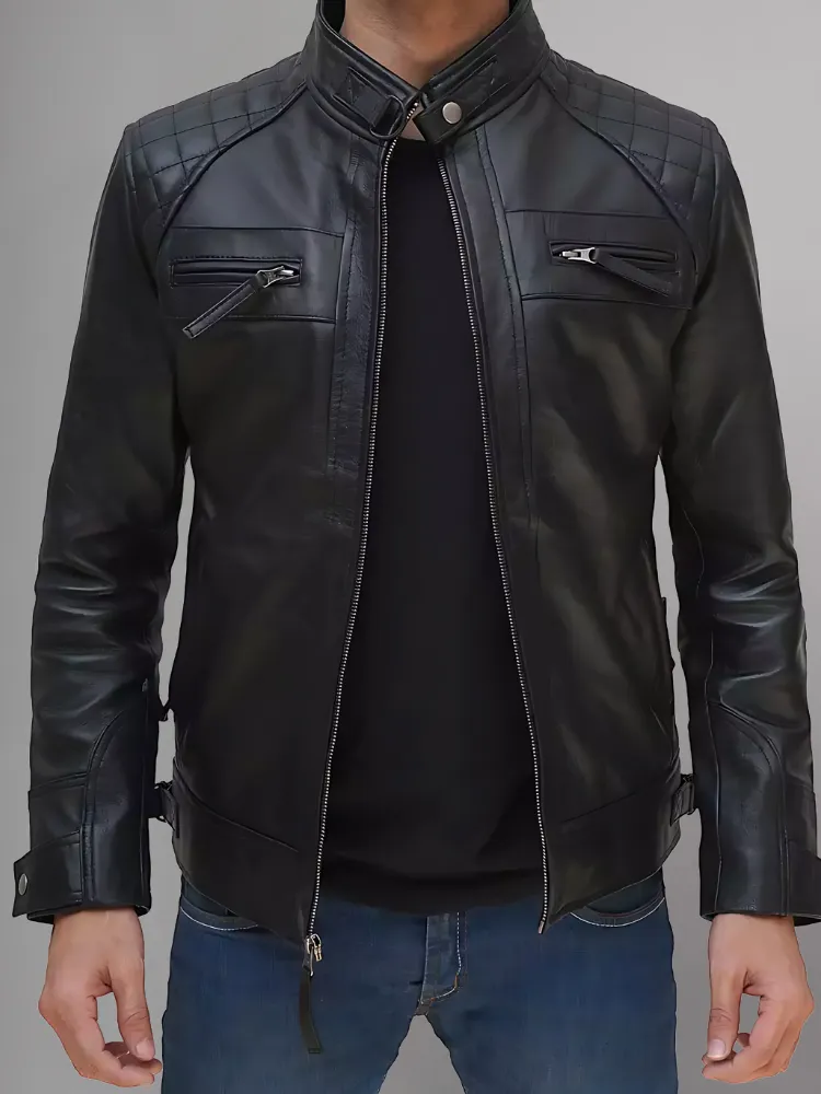 Mens Black and Maroon Quilted Cafe Racer Leather Jacket