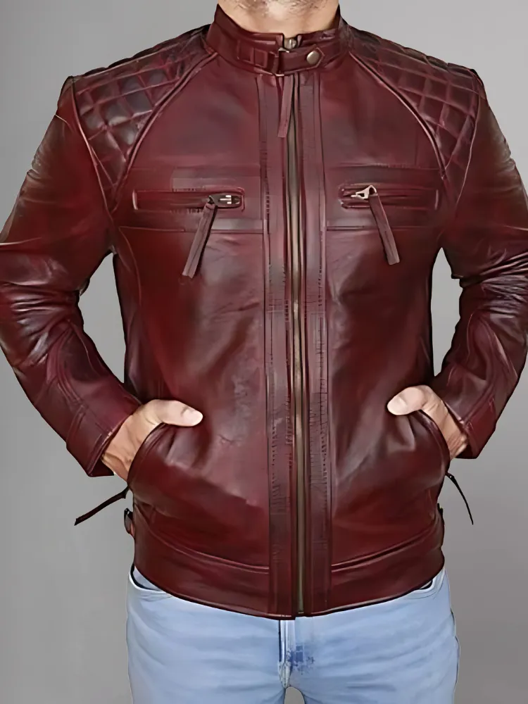 Mens Black and Maroon Quilted Cafe Racer Leather Jacket