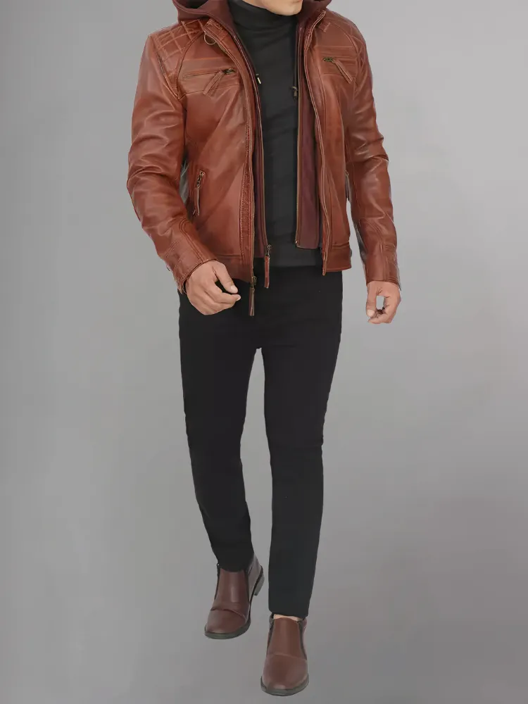 Mens Black and Maroon Quilted Cafe Racer Leather Jacket