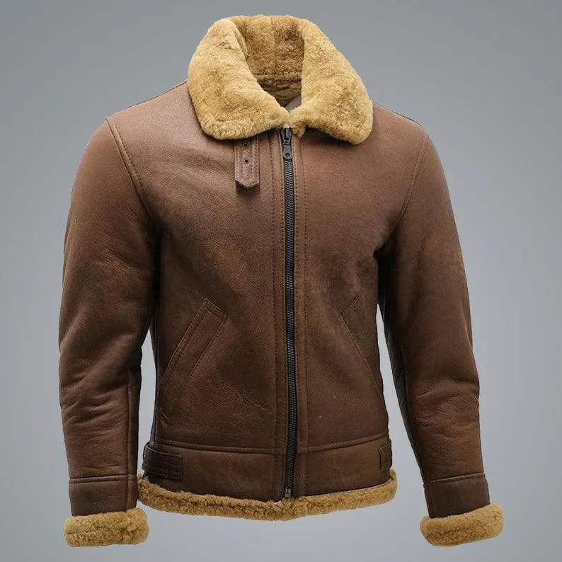 Men's Brown B3 Shearling Sheepskin WW2 Bomber Leather Flying Aviator Jacket