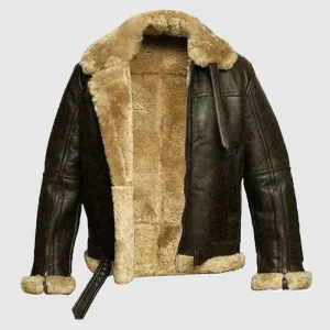 Men's Brown Shearling Aviator Leather Jacket, Tom Hardy Fur/Shearling Pilot Leather Jacket, Hand Made Vintage Real Leather Jacke