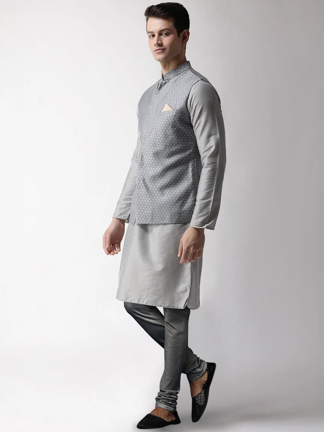 Men's Grey Kurta Jacket Churidar Set