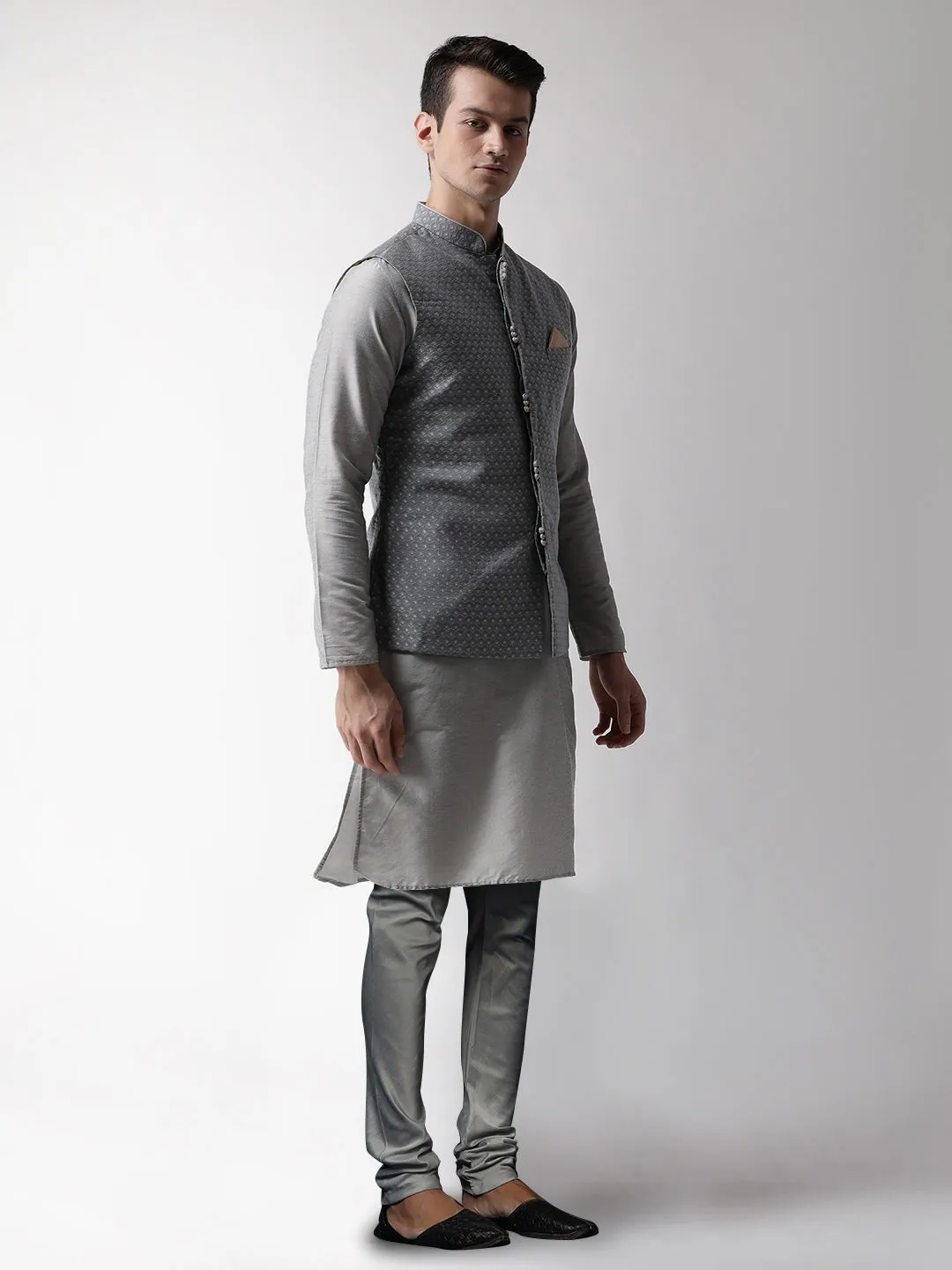 Men's Grey Kurta Jacket Churidar Set