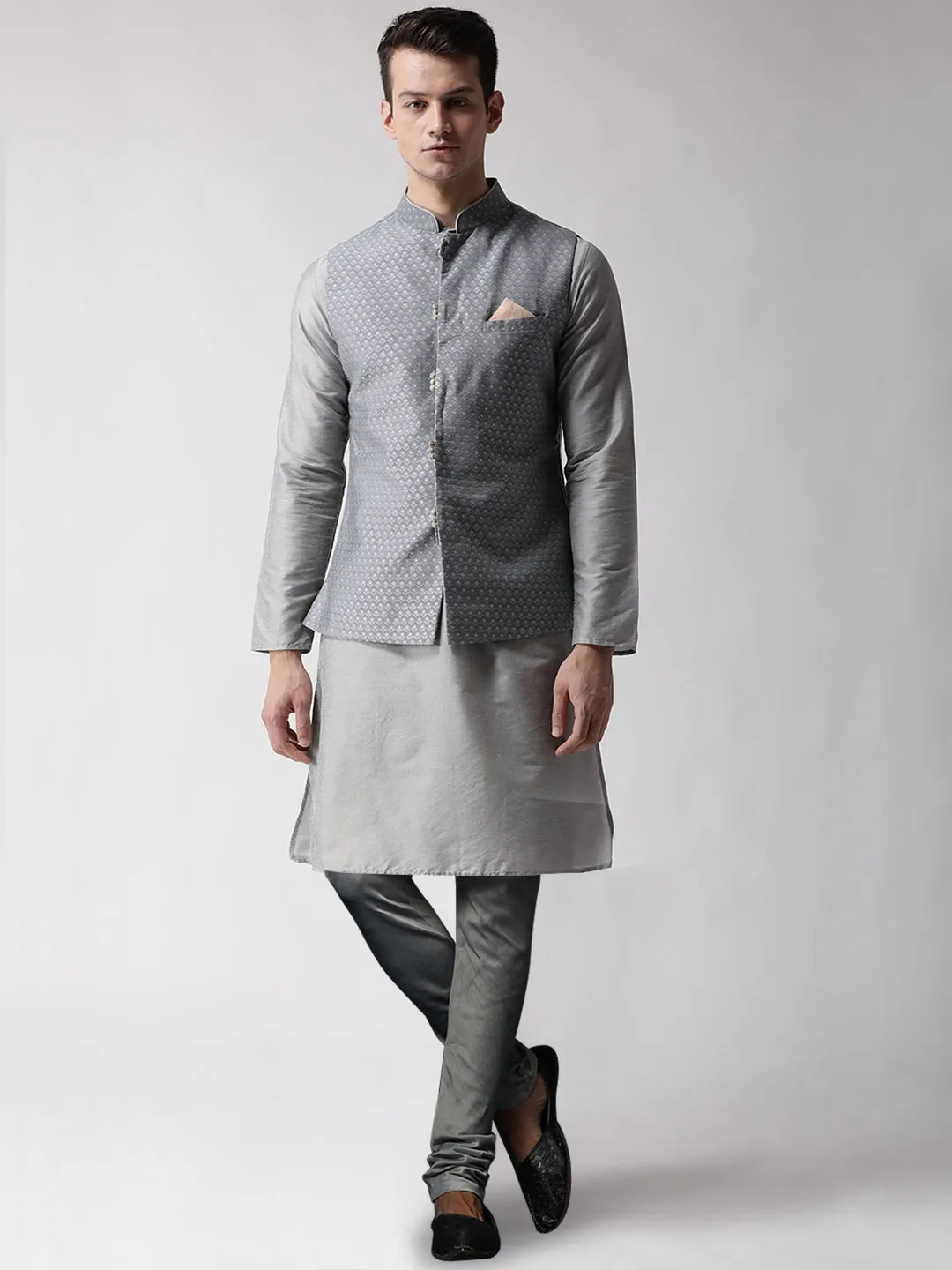 Men's Grey Kurta Jacket Churidar Set