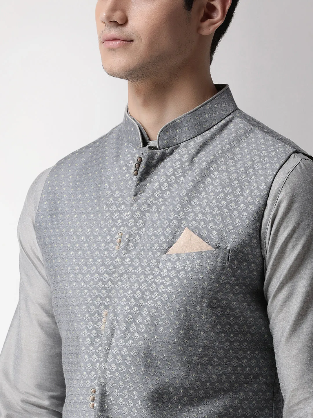 Men's Grey Kurta Jacket Churidar Set