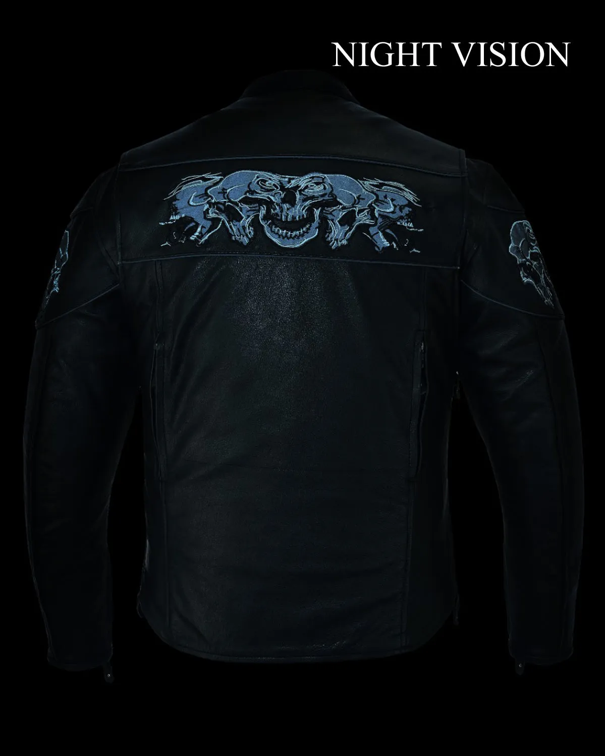 Men's Leather Concealed Carry Racing Jacket with Reflective Skulls Heavy Duty