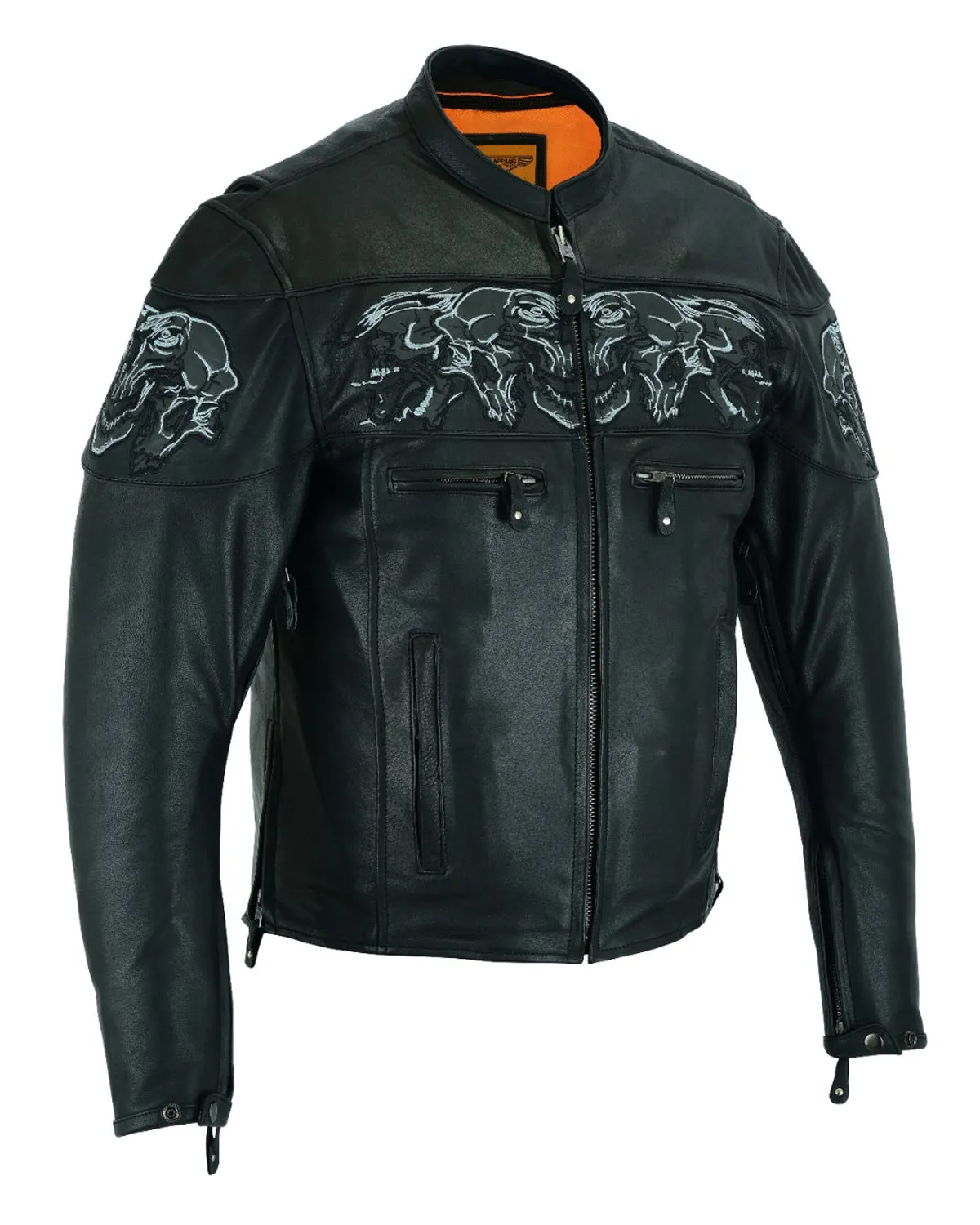 Men's Leather Concealed Carry Racing Jacket with Reflective Skulls Heavy Duty