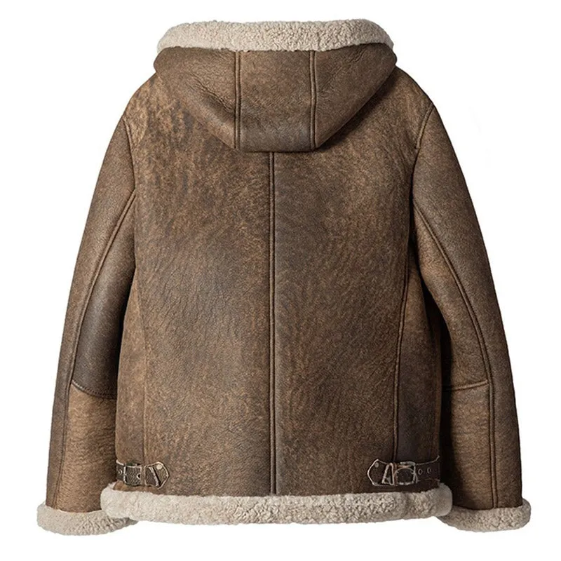 Mens New Look Classic Winter Sheepskin Bomber Jacket With Hood