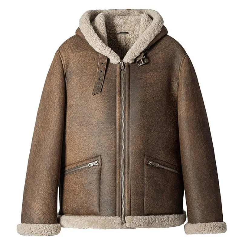 Mens New Look Classic Winter Sheepskin Bomber Jacket With Hood