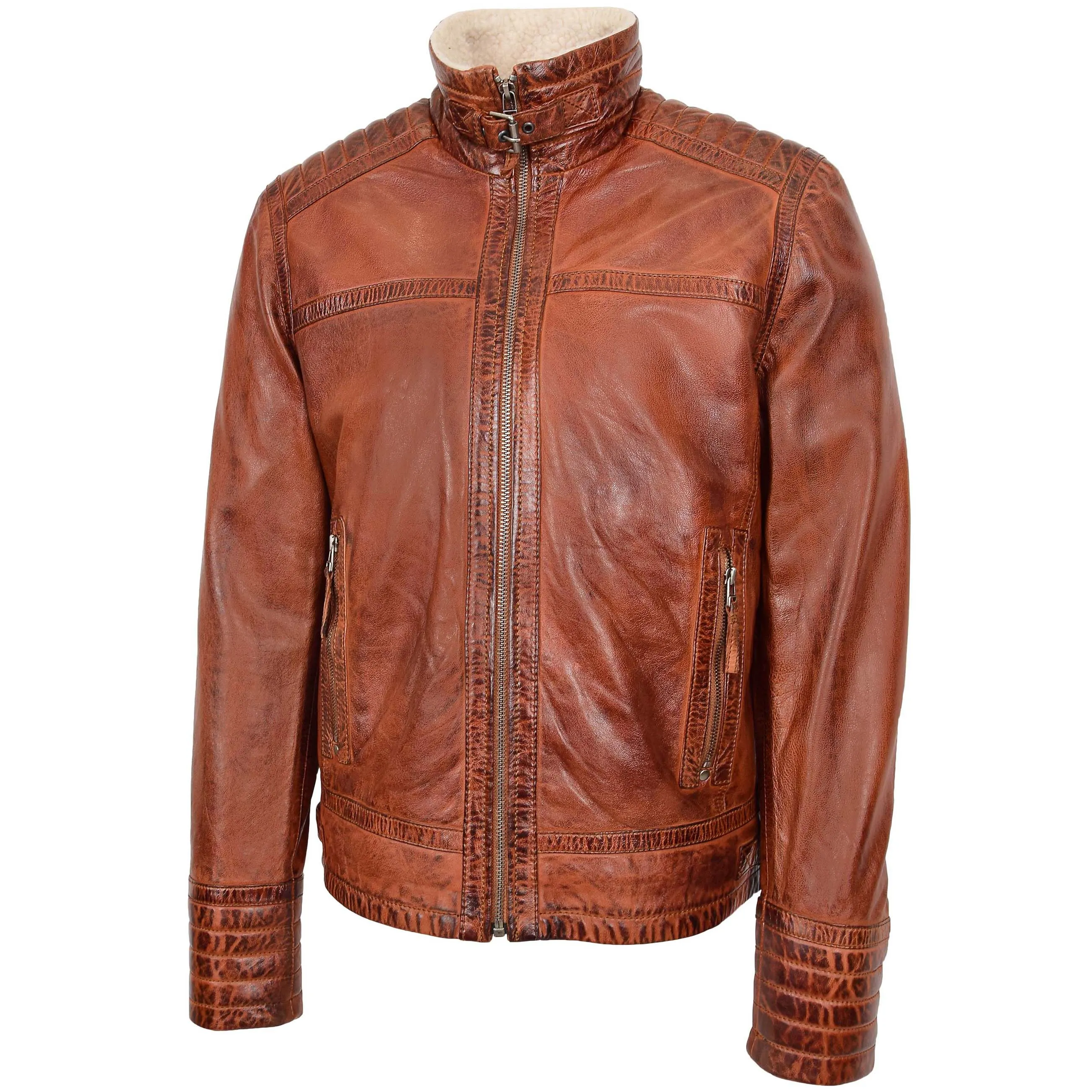 Mens Real Leather Sherpa Lined Jacket Alfie Brown