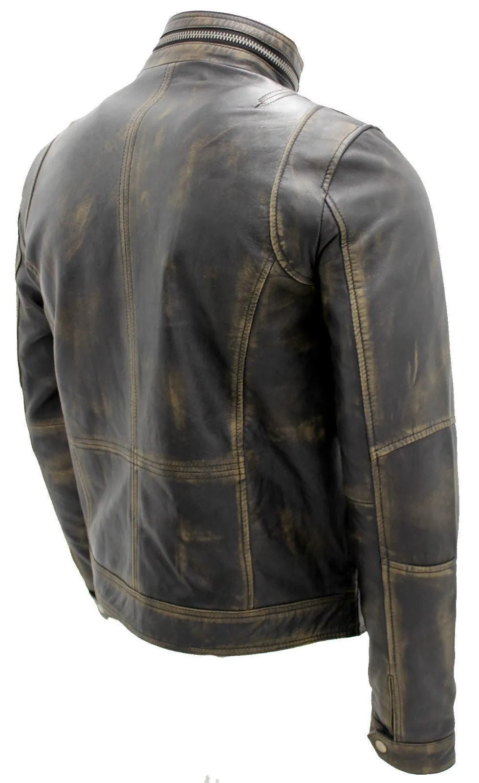 Mens Vintage Biker Style Motorcycle Cafe Racer Distressed Leather Jacket