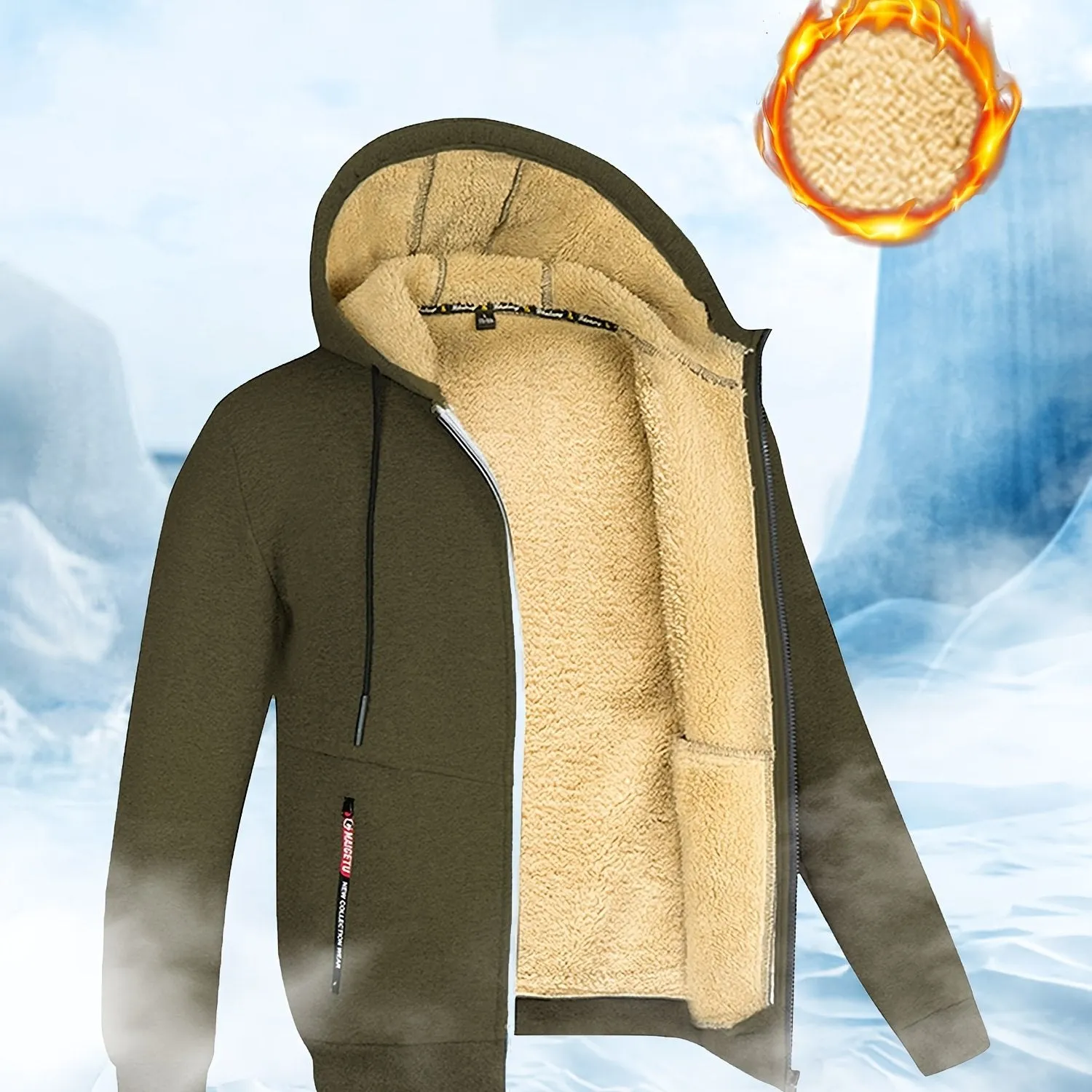 Men's Winter Sherpa Hooded Jacket Thick Warm Zip Up Hooded Jacket For Autumn Winter