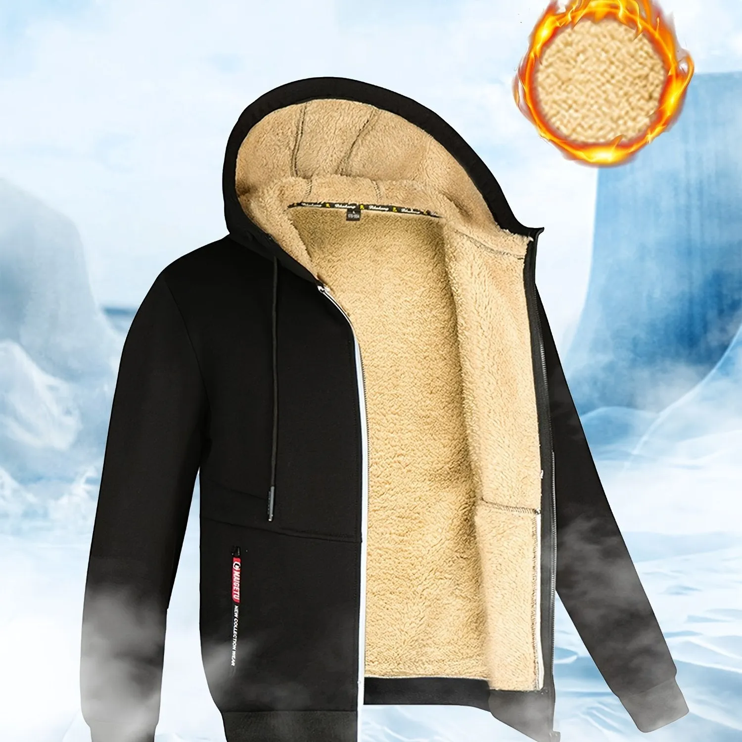 Men's Winter Sherpa Hooded Jacket Thick Warm Zip Up Hooded Jacket For Autumn Winter