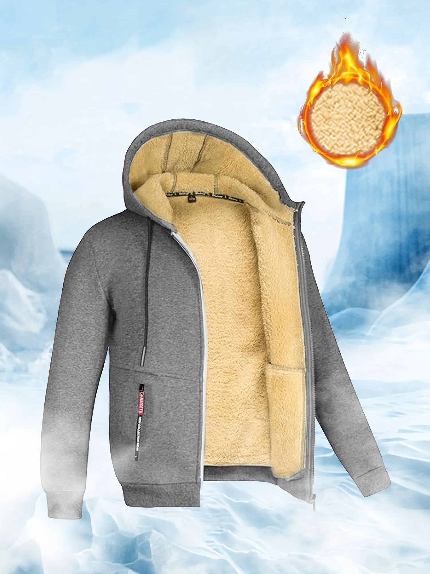 Men's Winter Sherpa Hooded Jacket Thick Warm Zip Up Hooded Jacket For Autumn Winter