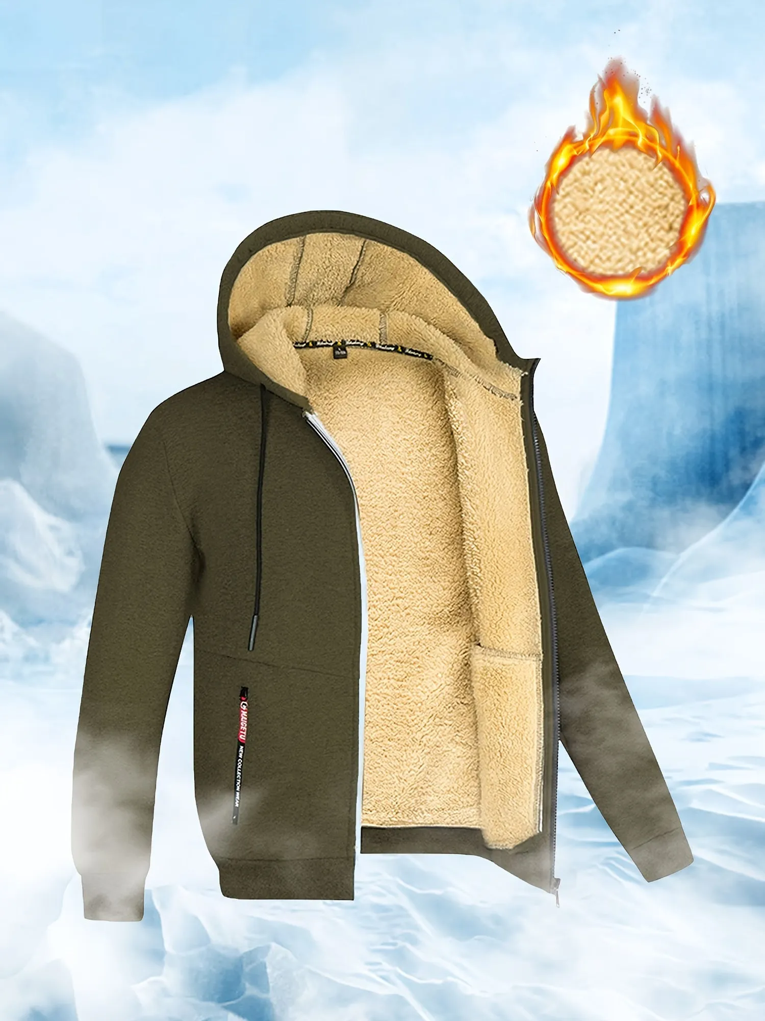 Men's Winter Sherpa Hooded Jacket Thick Warm Zip Up Hooded Jacket For Autumn Winter