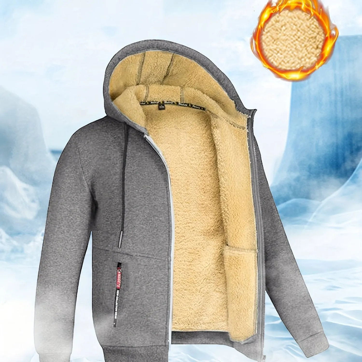 Men's Winter Sherpa Hooded Jacket Thick Warm Zip Up Hooded Jacket For Autumn Winter