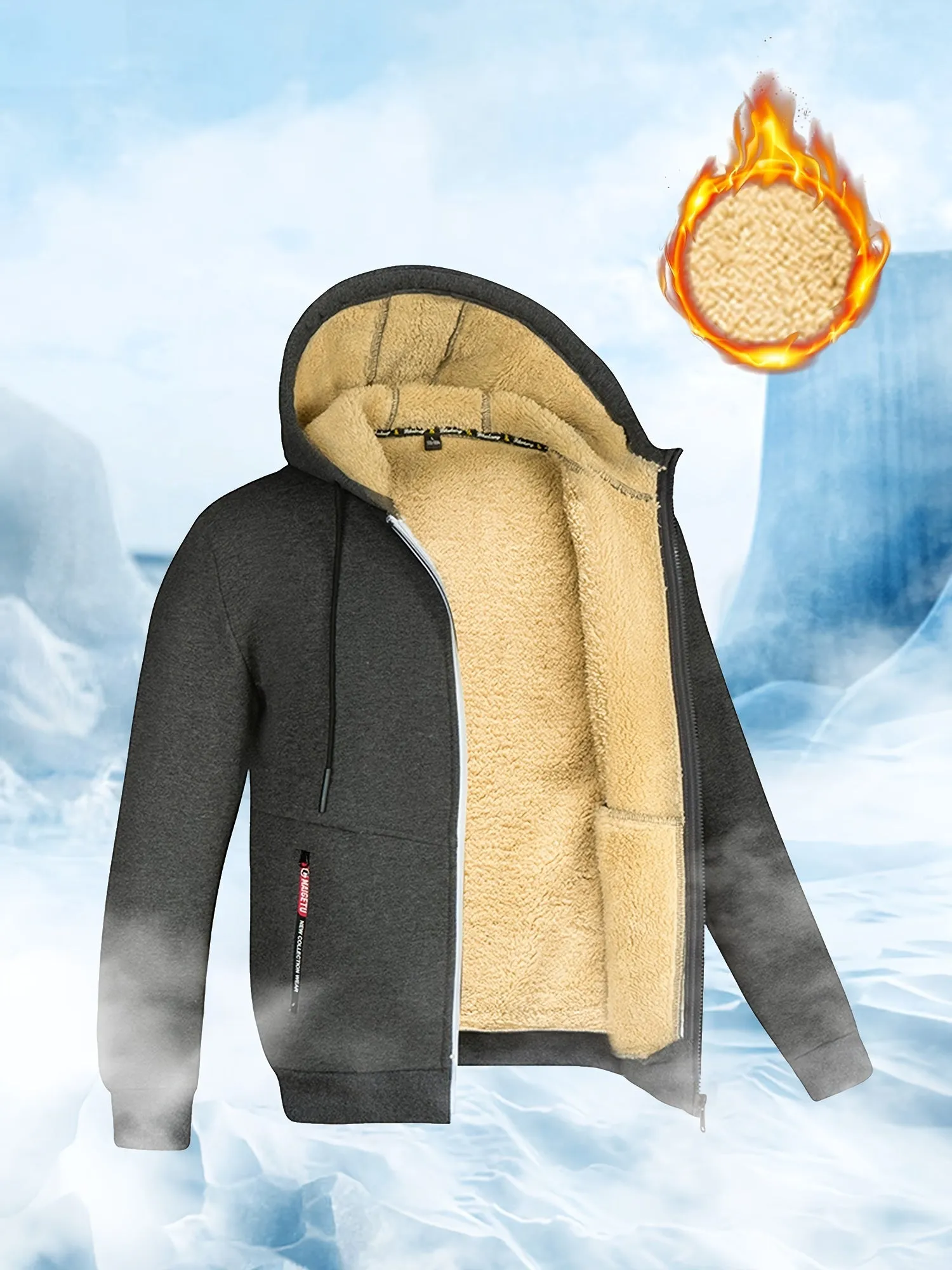 Men's Winter Sherpa Hooded Jacket Thick Warm Zip Up Hooded Jacket For Autumn Winter