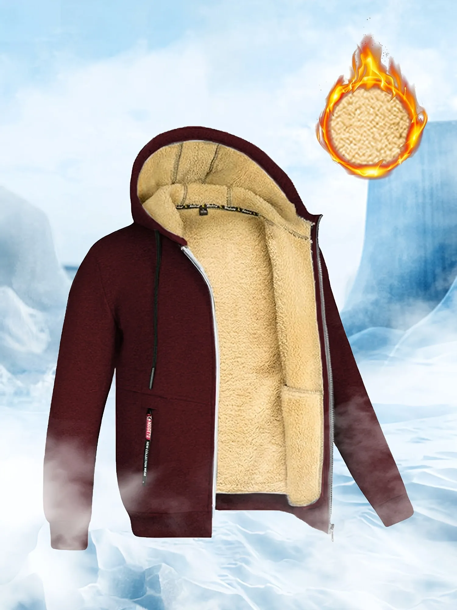 Men's Winter Sherpa Hooded Jacket Thick Warm Zip Up Hooded Jacket For Autumn Winter