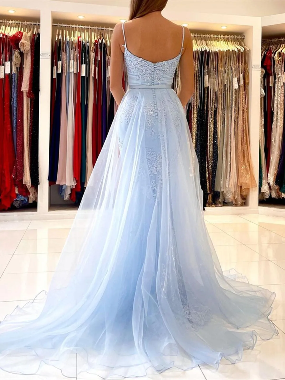 Mermaid Open Back Light Blue Lace Long Prom Wedding Dresses, Mermaid Blue Formal Dresses, Blue Lace Evening Dresses