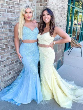 Mermaid Two Pieces Light Blue/Yellow Lace Long Prom Dresses, Mermaid Light Blue/Yellow Lace Formal Dresses, Light Blue/ Yellow Evening Dresses