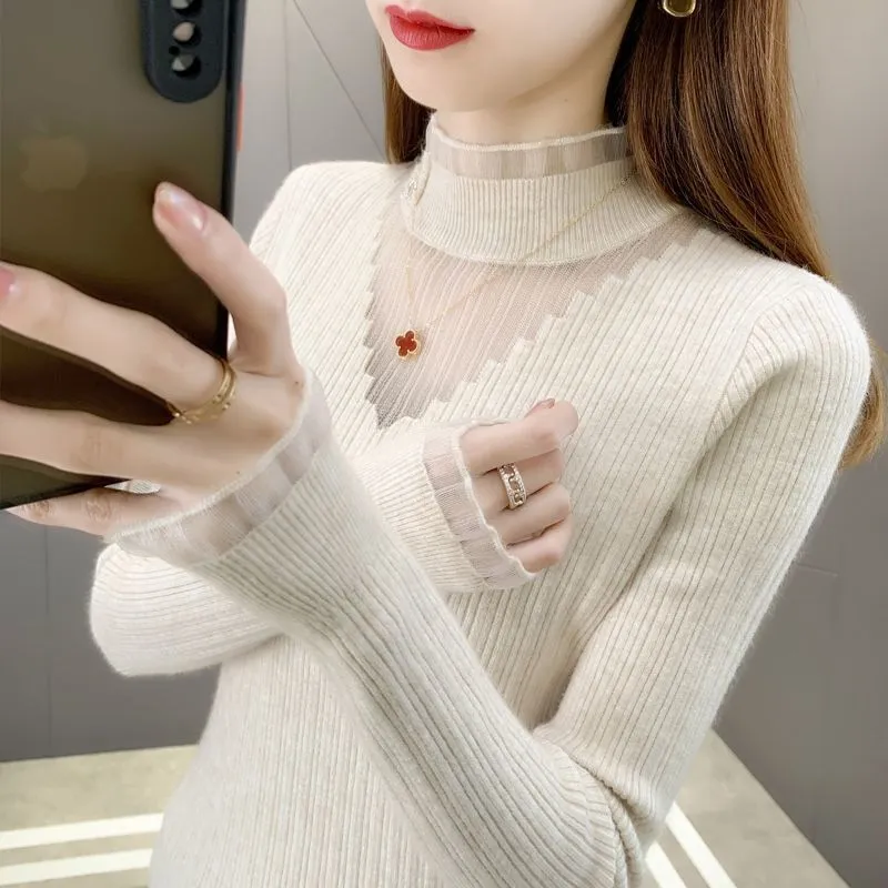 METAVERSMALL Autumn and winter lace semi-turtleneck slim-fitting and thin bottoming knitted sweater New popular round neck foreign style pullover sweater women