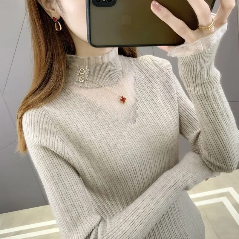 METAVERSMALL Autumn and winter lace semi-turtleneck slim-fitting and thin bottoming knitted sweater New popular round neck foreign style pullover sweater women