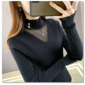 METAVERSMALL Autumn and winter lace semi-turtleneck slim-fitting and thin bottoming knitted sweater New popular round neck foreign style pullover sweater women