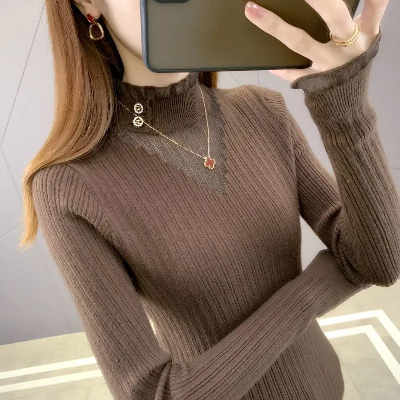 METAVERSMALL Autumn and winter lace semi-turtleneck slim-fitting and thin bottoming knitted sweater New popular round neck foreign style pullover sweater women