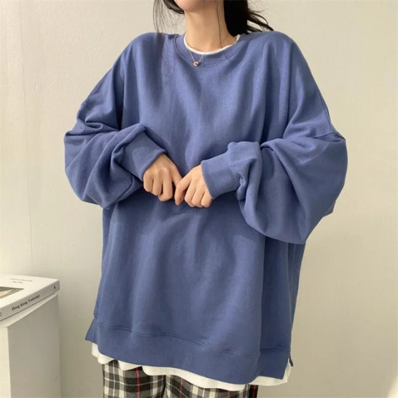 METAVERSMALL Cotton, sweater women's fake two pieces, spring and autumn new loose design sense, large size niche long-sleeved split top women's clothing