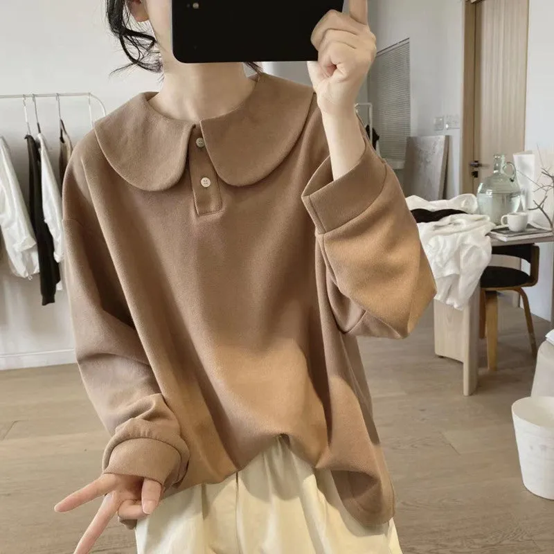 METAVERSMALL Doll collar sweater women's New spring and autumn new loose and thin trend campus wind cotton age-reducing top outer wear