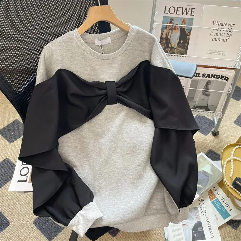 METAVERSMALL Extra large size 150kg gray sweater women's spring and autumn explosion fake two pieces splicing design loose bow clothes