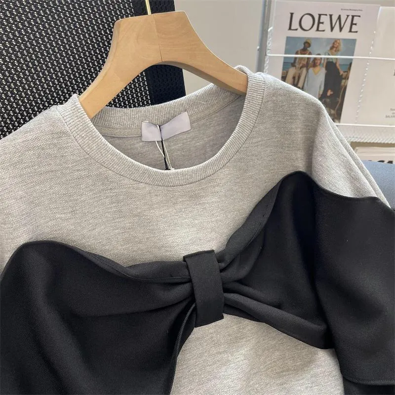 METAVERSMALL Extra large size 150kg gray sweater women's spring and autumn explosion fake two pieces splicing design loose bow clothes