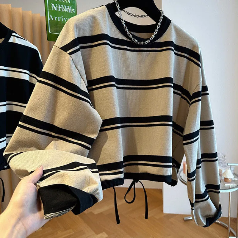 METAVERSMALL Korean striped short sweater women's autumn large size 150kg loose small design hem drawstring top