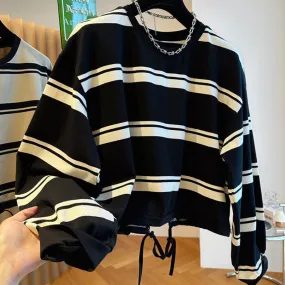 METAVERSMALL Korean striped short sweater women's autumn large size 150kg loose small design hem drawstring top