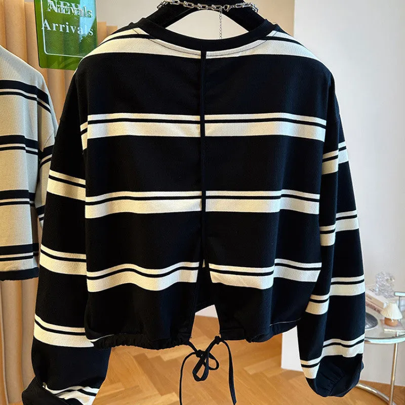 METAVERSMALL Korean striped short sweater women's autumn large size 150kg loose small design hem drawstring top