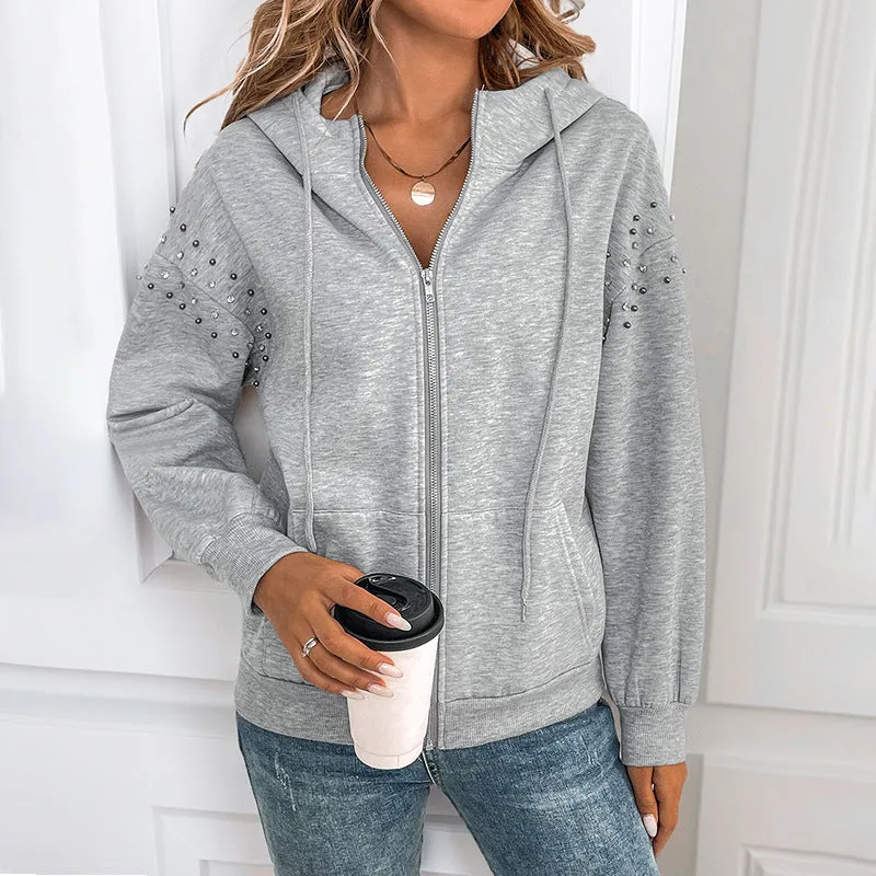 METAVERSMALL new hooded long-sleeved sweater autumn and winter solid color rivets casual fashion sweater jacket women