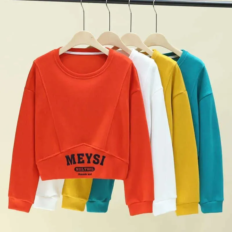 METAVERSMALL Non-pilling sweater women's new hooded early autumn short fashion small crew neck T-shirt loose versatile top trendy