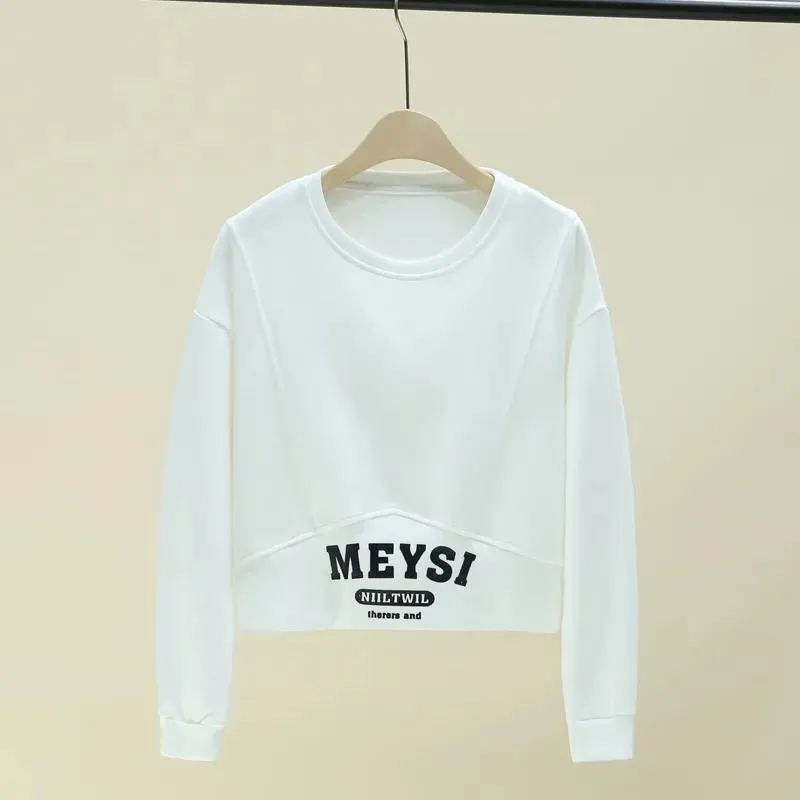 METAVERSMALL Non-pilling sweater women's new hooded early autumn short fashion small crew neck T-shirt loose versatile top trendy