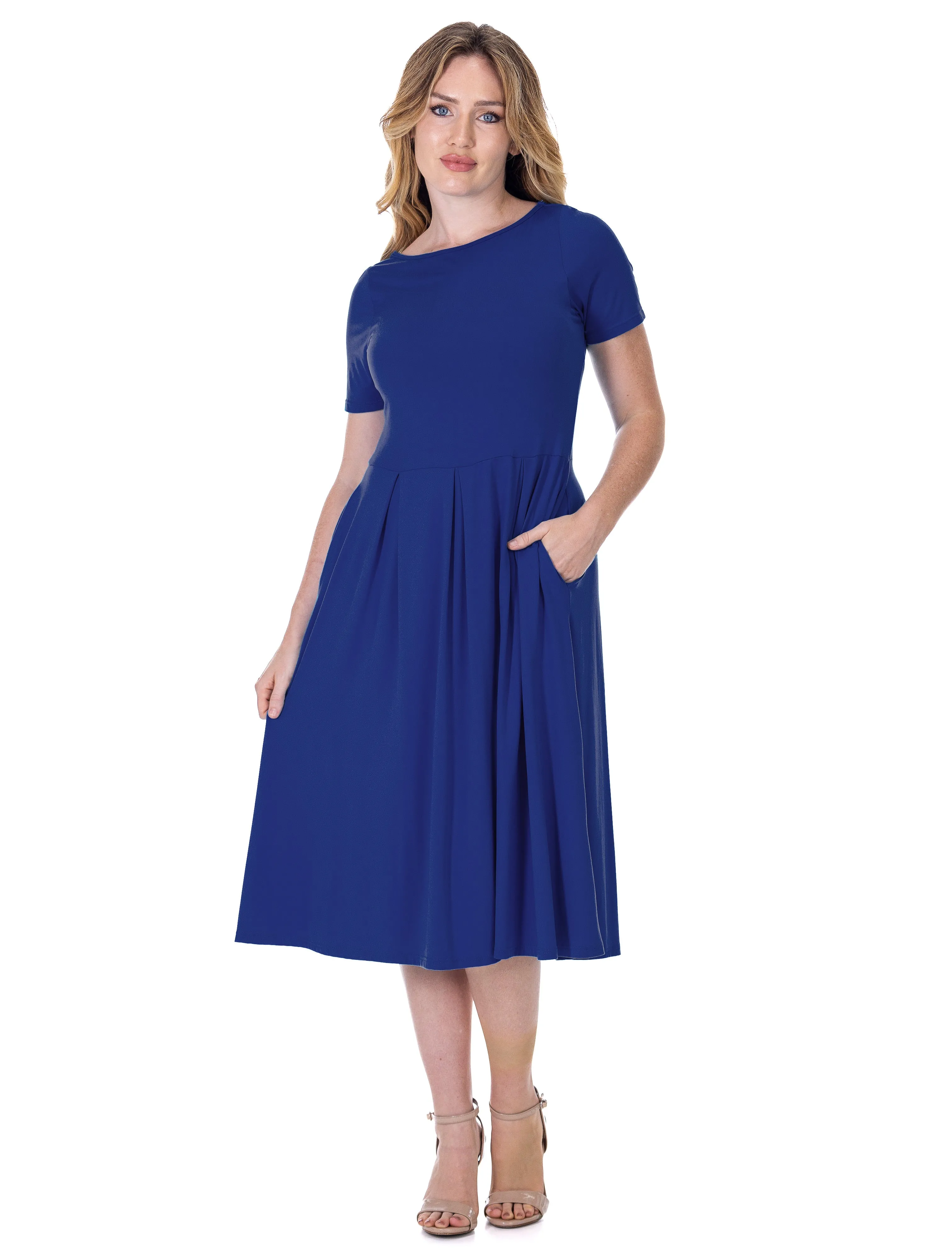 Midi Dress with Short Sleeves and Pocket Detail