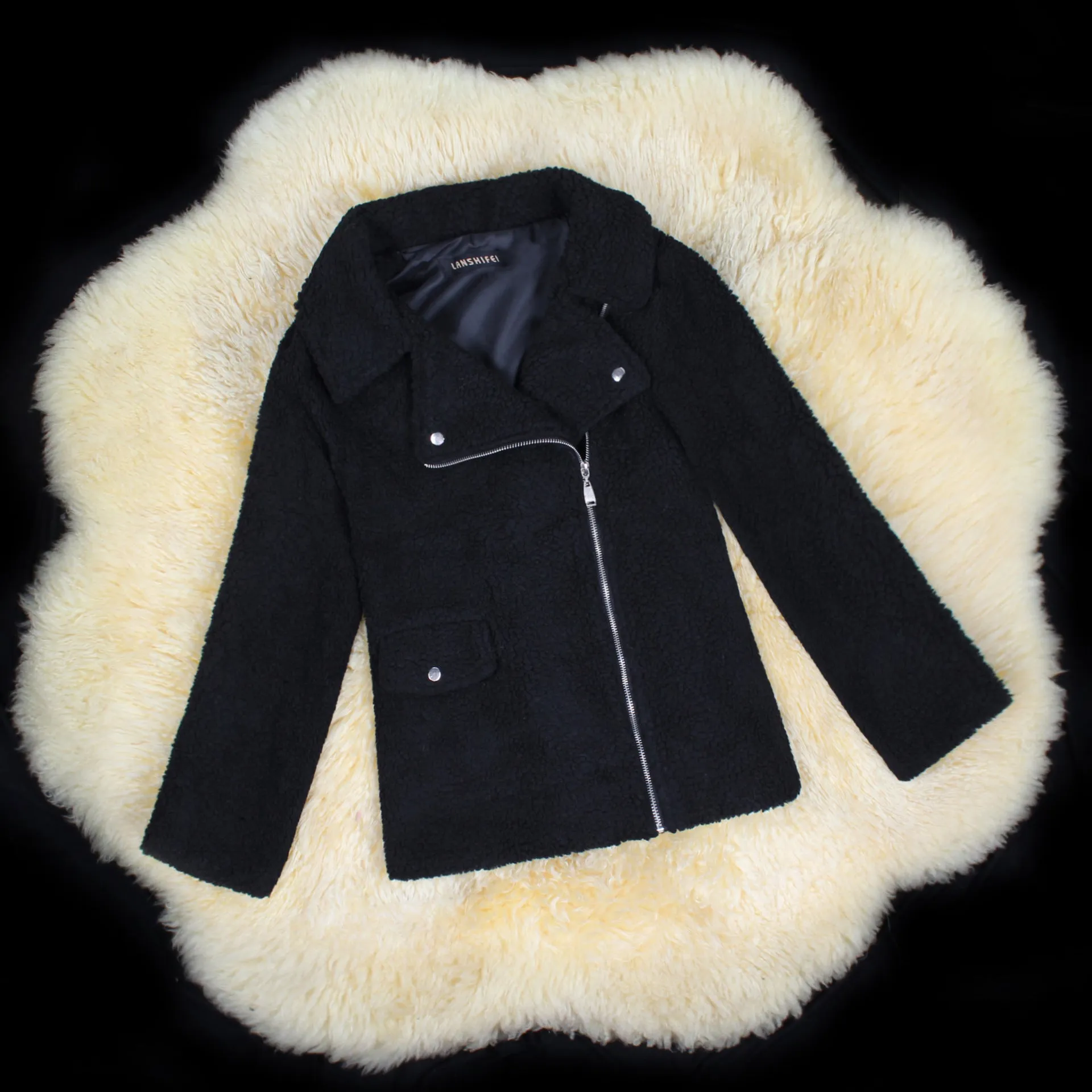 Motocycle Style Sherpa FleeceZip Up Faux Fur Jacket