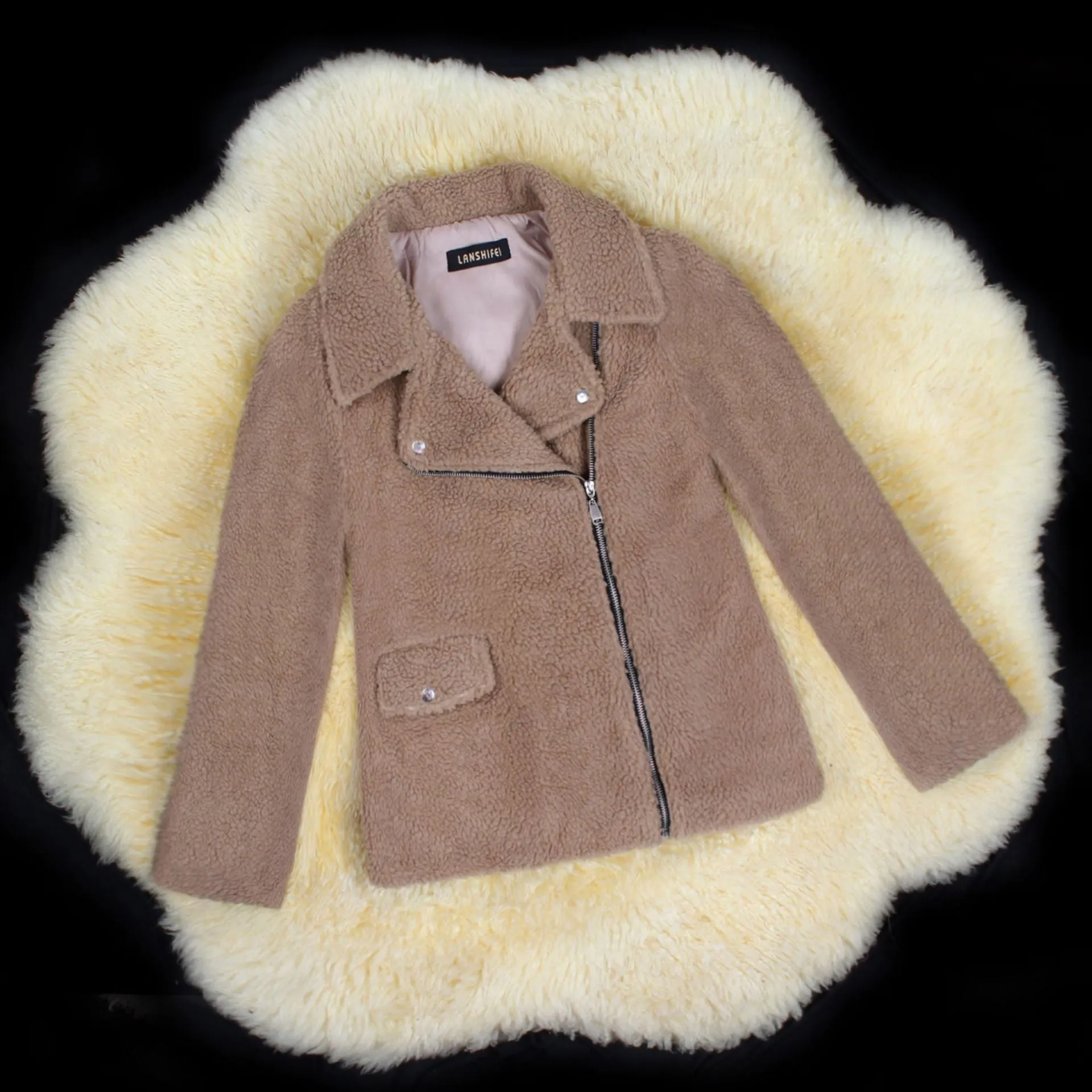 Motocycle Style Sherpa FleeceZip Up Faux Fur Jacket