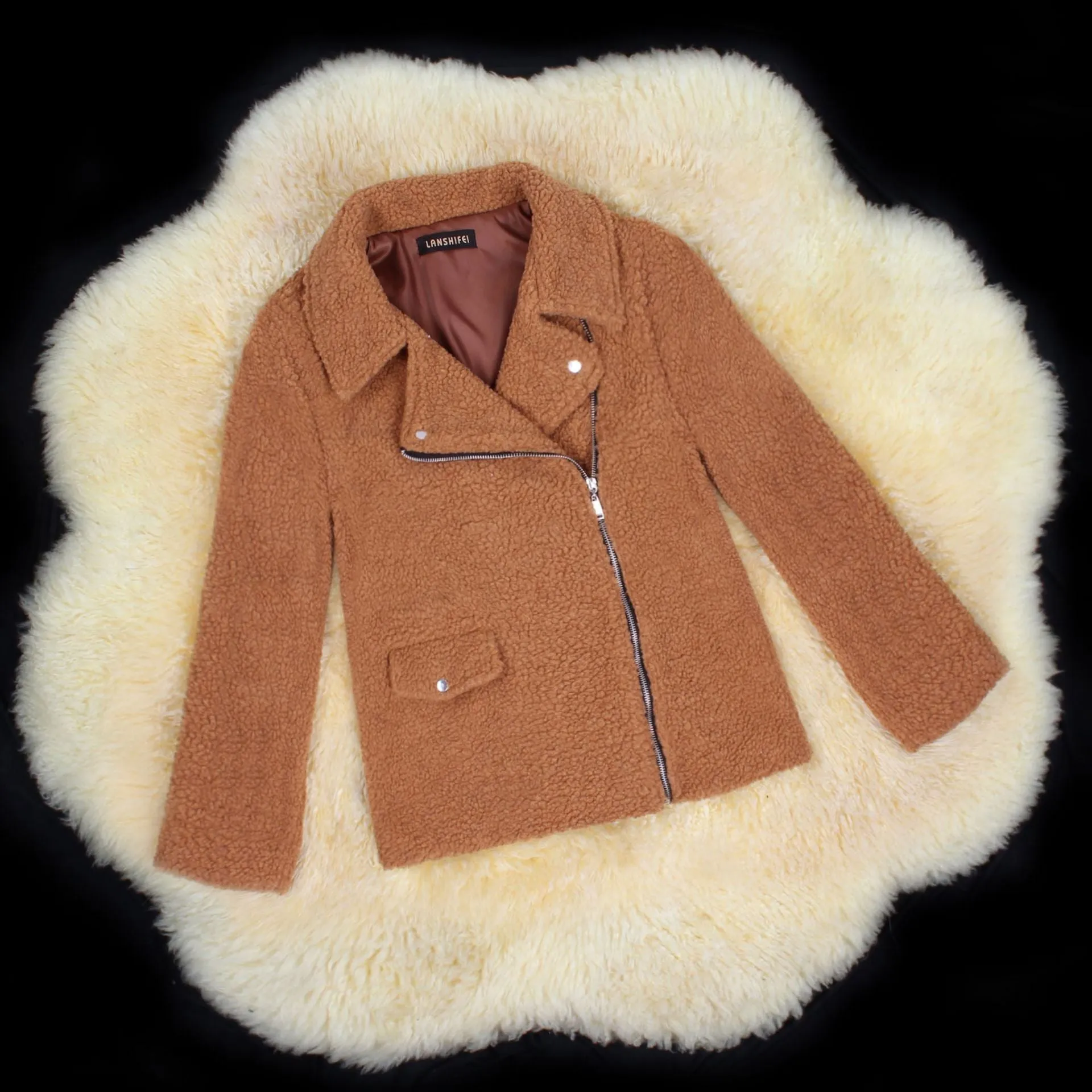 Motocycle Style Sherpa FleeceZip Up Faux Fur Jacket