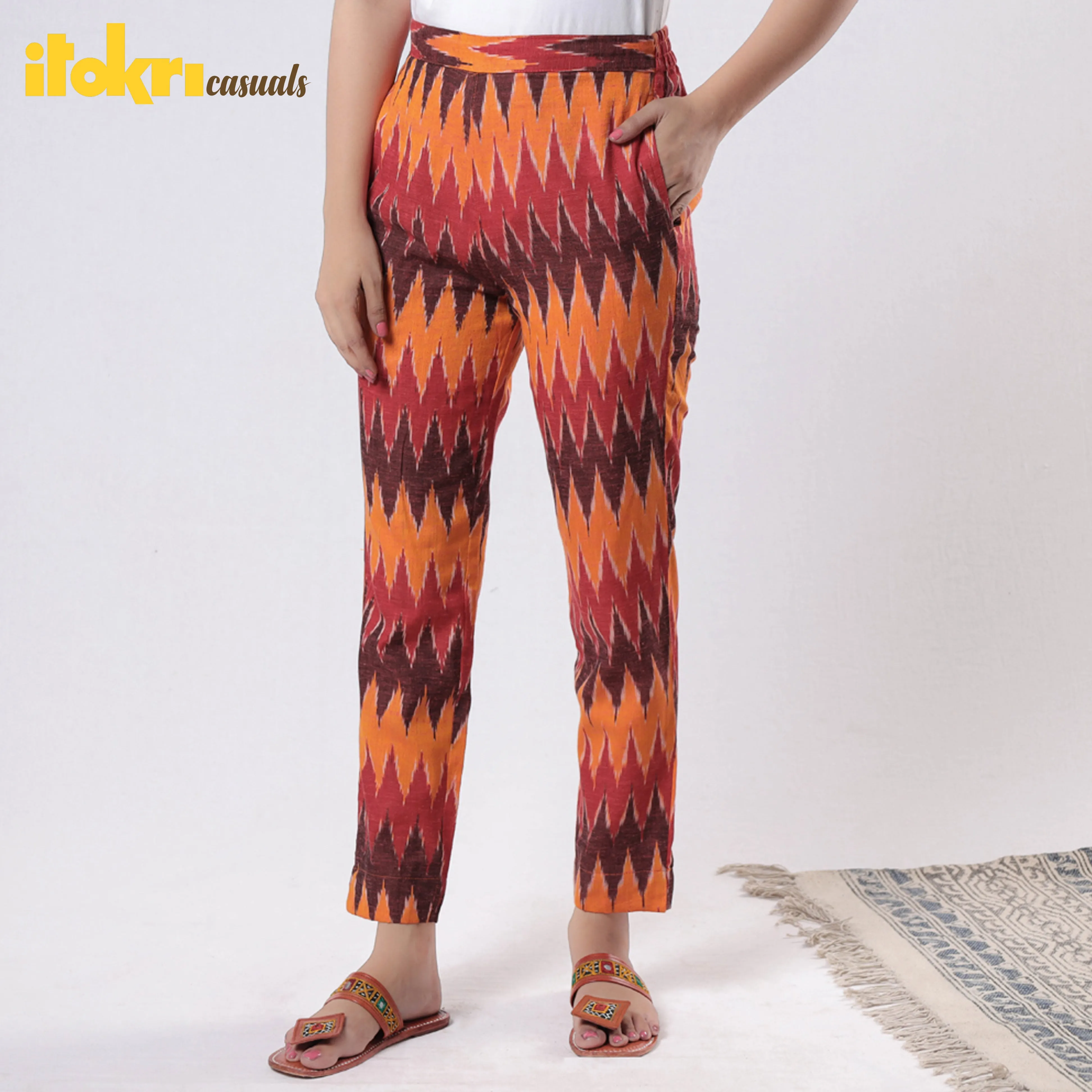 Multicolor - iTokri Casuals - Pochampally Ikat Cotton Tapered Casual Pant for Women