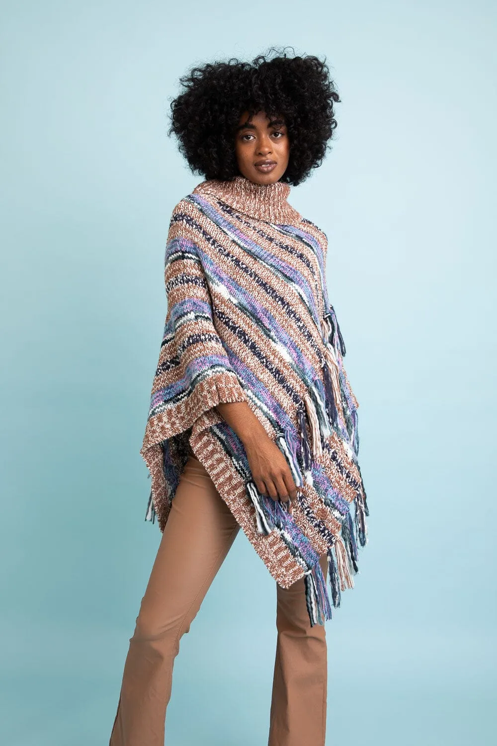 Multicolor Marled Knit Turtle Neck Poncho