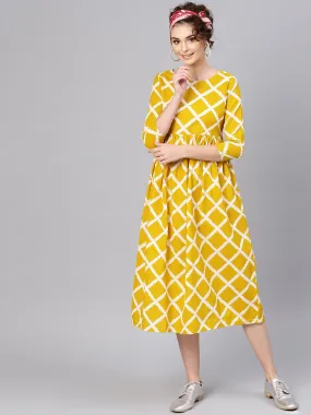 Mustard Diamond Print Gathered Dress