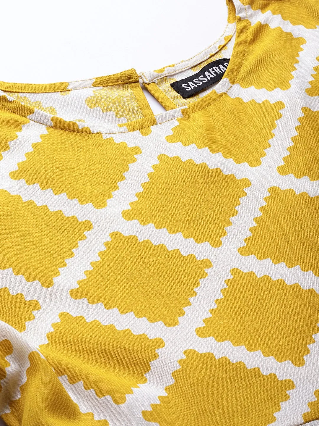 Mustard Diamond Print Gathered Dress