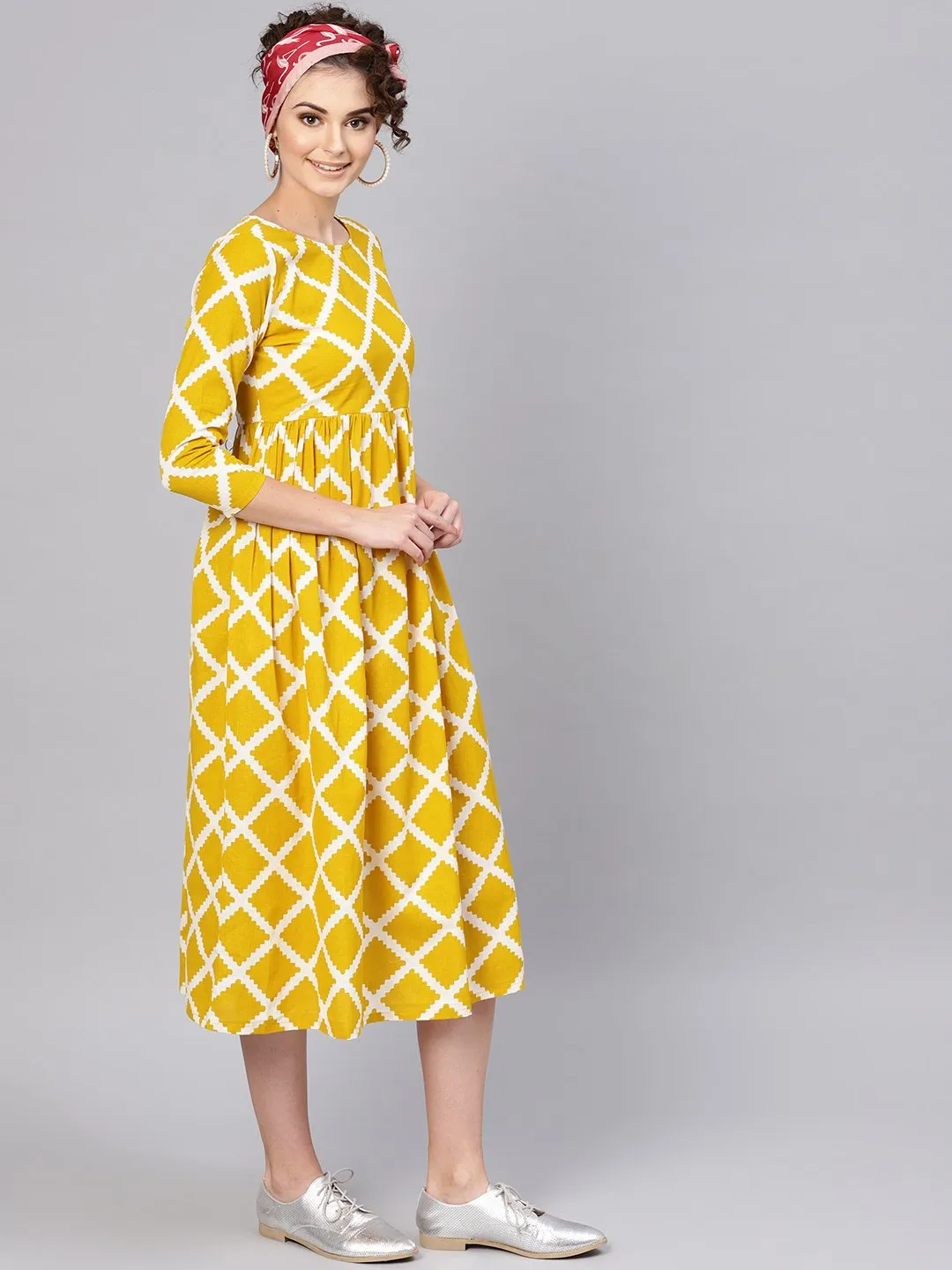 Mustard Diamond Print Gathered Dress